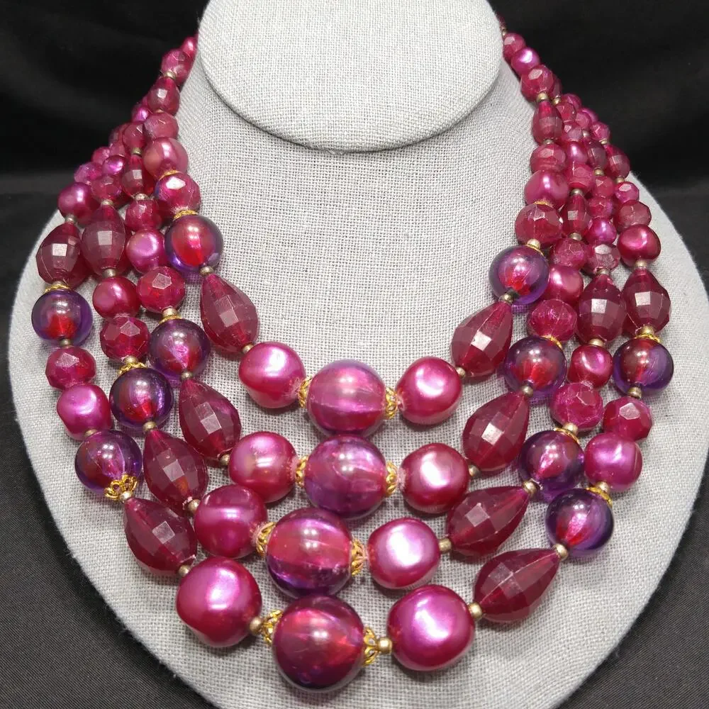 West Germany Thermoset Red Beaded Necklace 4 Strand 1950s Vintage Jewelry
